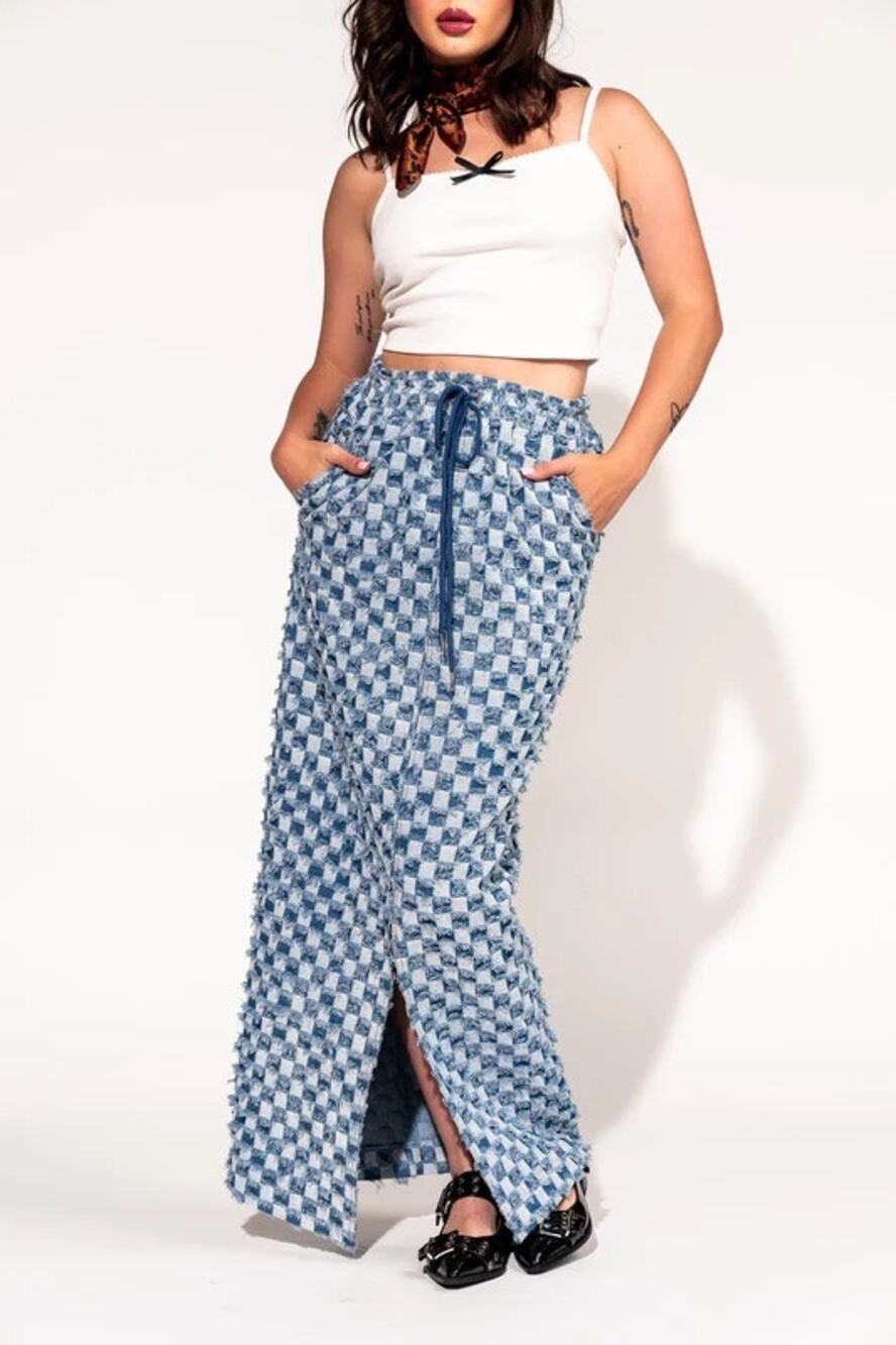Dressed in LALA Check Mate Textured Denim Checker Maxi Skirt Blue Small